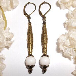 Long Earrings White and Bronze Brown Beaded Dangle Drop Jewelry Gift Set D425